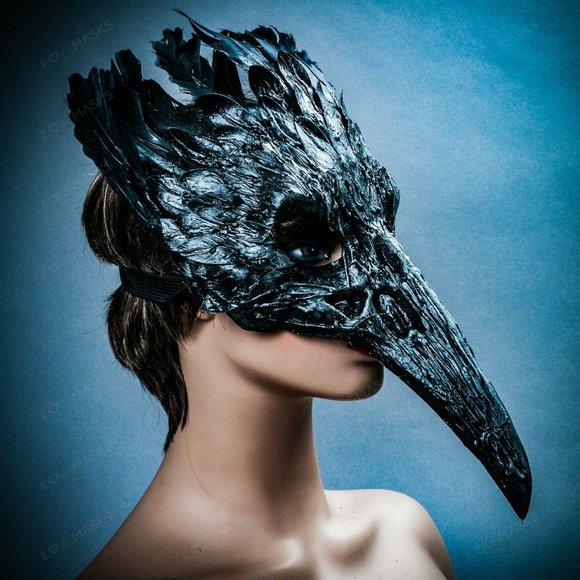 Black Raven Skull Nose w/ Feather Halloween Mask - Picture 3 of 10